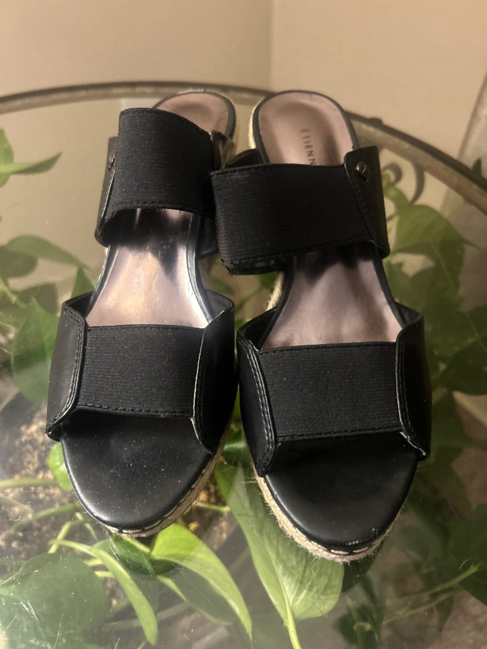 Etienne Aigner Black Espadrille Wedge Sandals Women’s Slip-On Heels